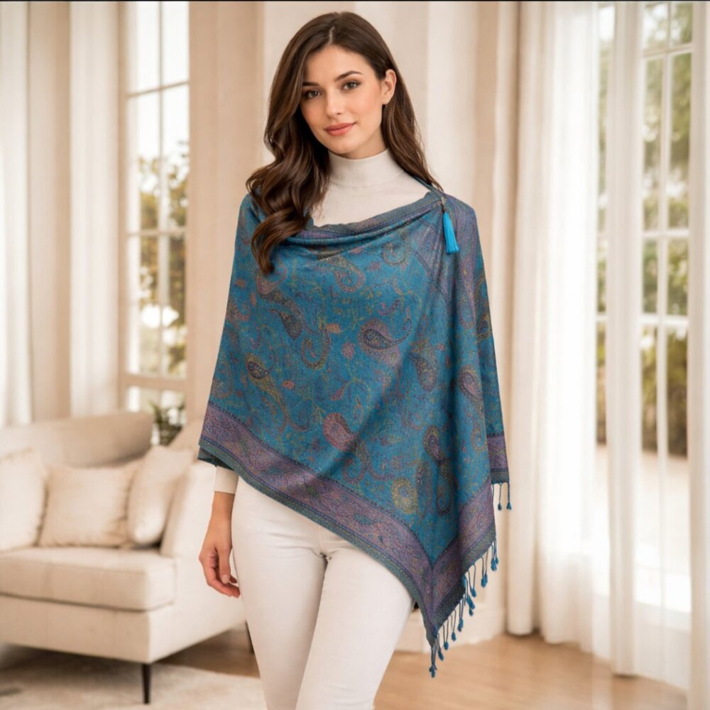 Turquoise Paisley 100% Silk Pashmina Poncho Tassel Accents Scarf